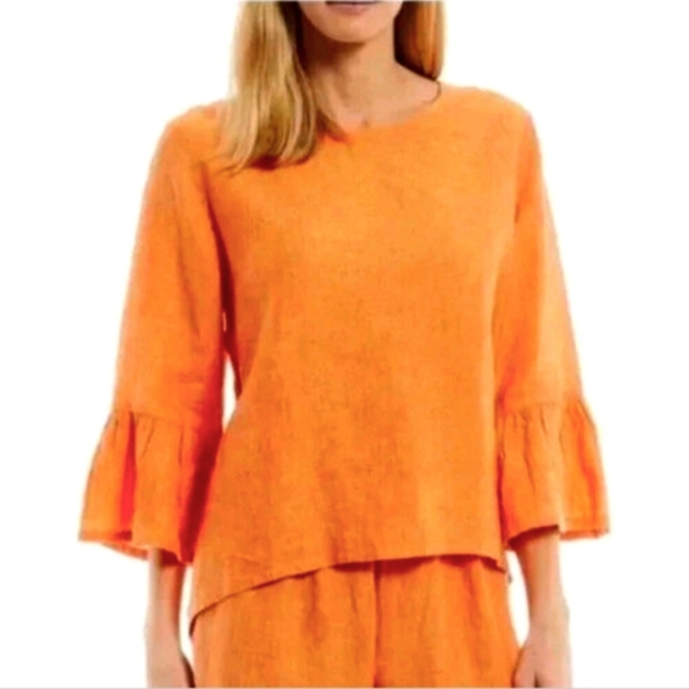 BRYN WALKER Fran 100% Light‎ Orange Linen Flounced Sleeve Blouse Women's Size S